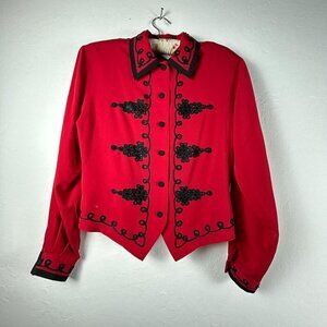 Vintage Tess Womens Red Black Embroidered Blouse 10 Long Sleeve Beaded